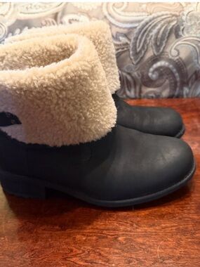 UGG Black Leather Ankle Boots with Cream Shearling Cuffs